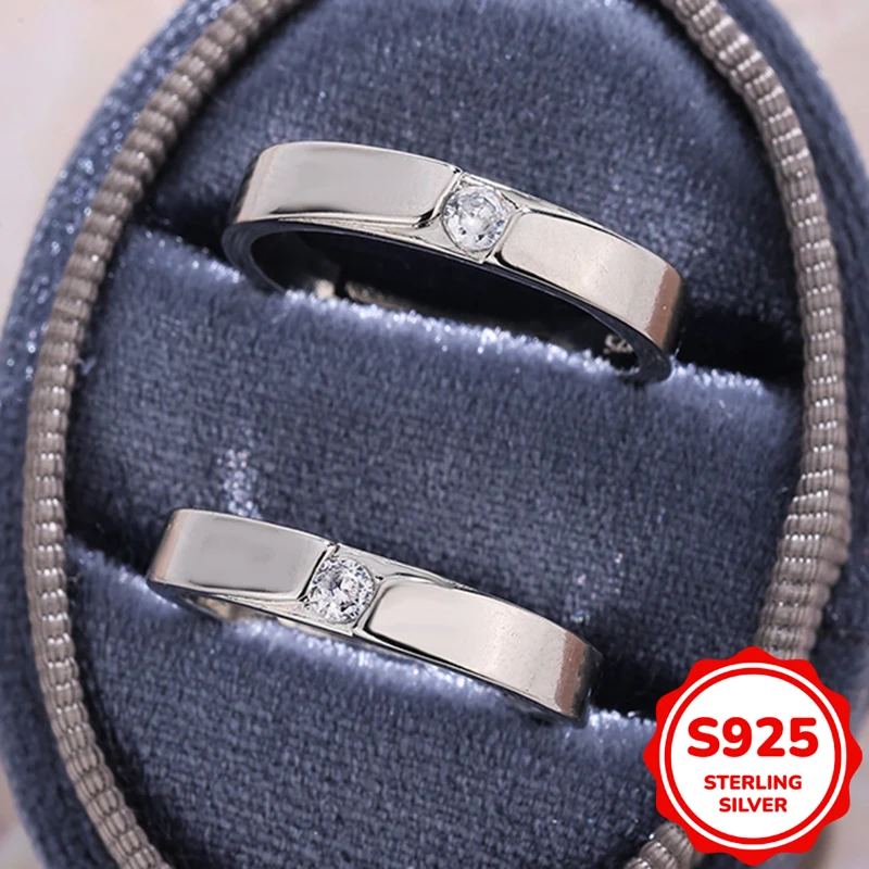 

Simple authentic S925 sterling silver round full diamond crystal couple ring men and women open Valentine's Day gift jewelry