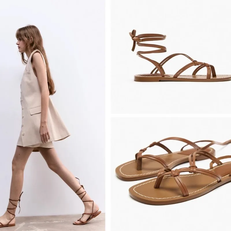 Casual Flat Sandals for Women 2024 Summer Fashion Cross Strap Beach Shoes Open Toe Elegant Gladiator Sandals Lace Up Sandalias