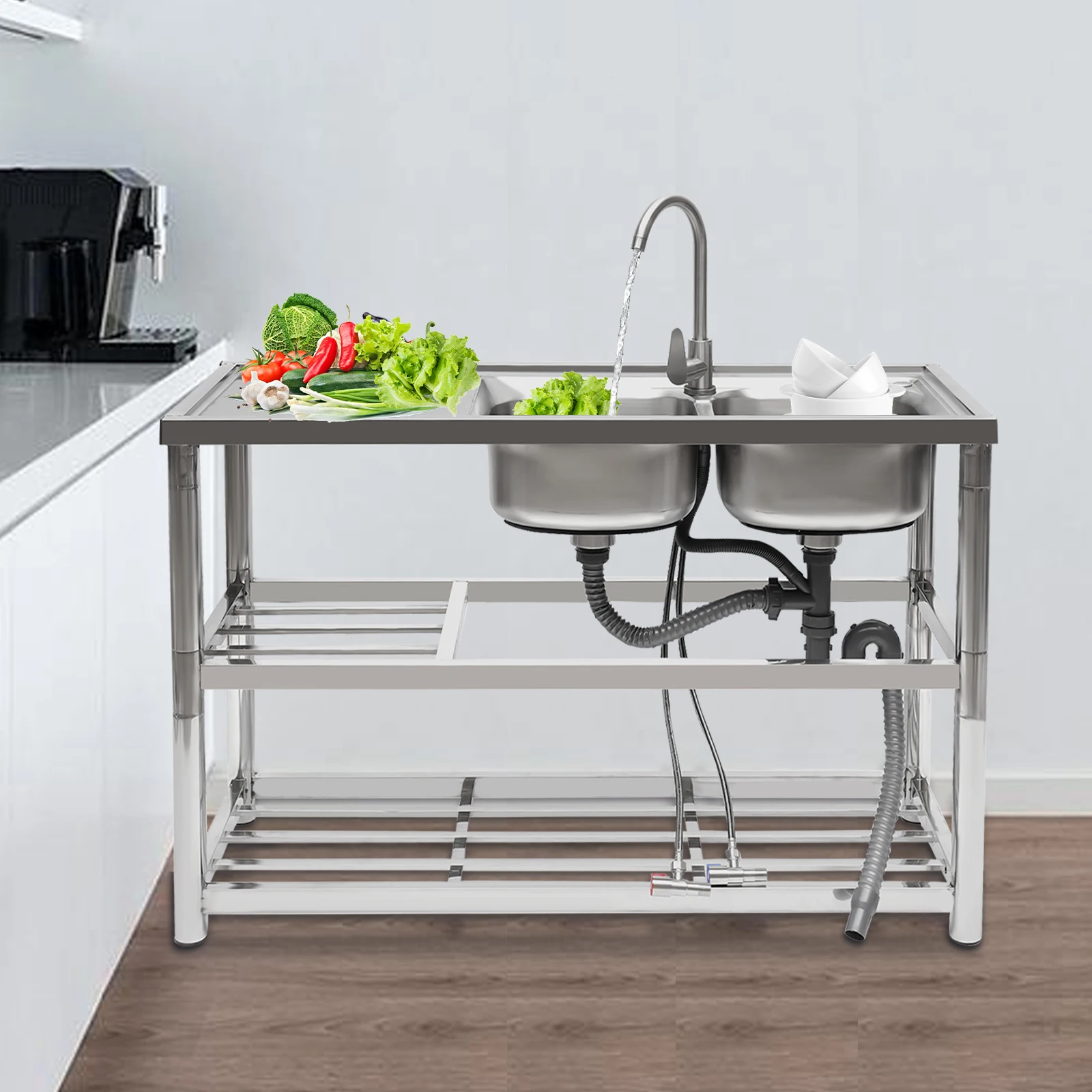 Modern Rectangular 304 Stainless Steel Freestanding Kitchen Sink 120x44.5x80cm with Rotatable Faucet