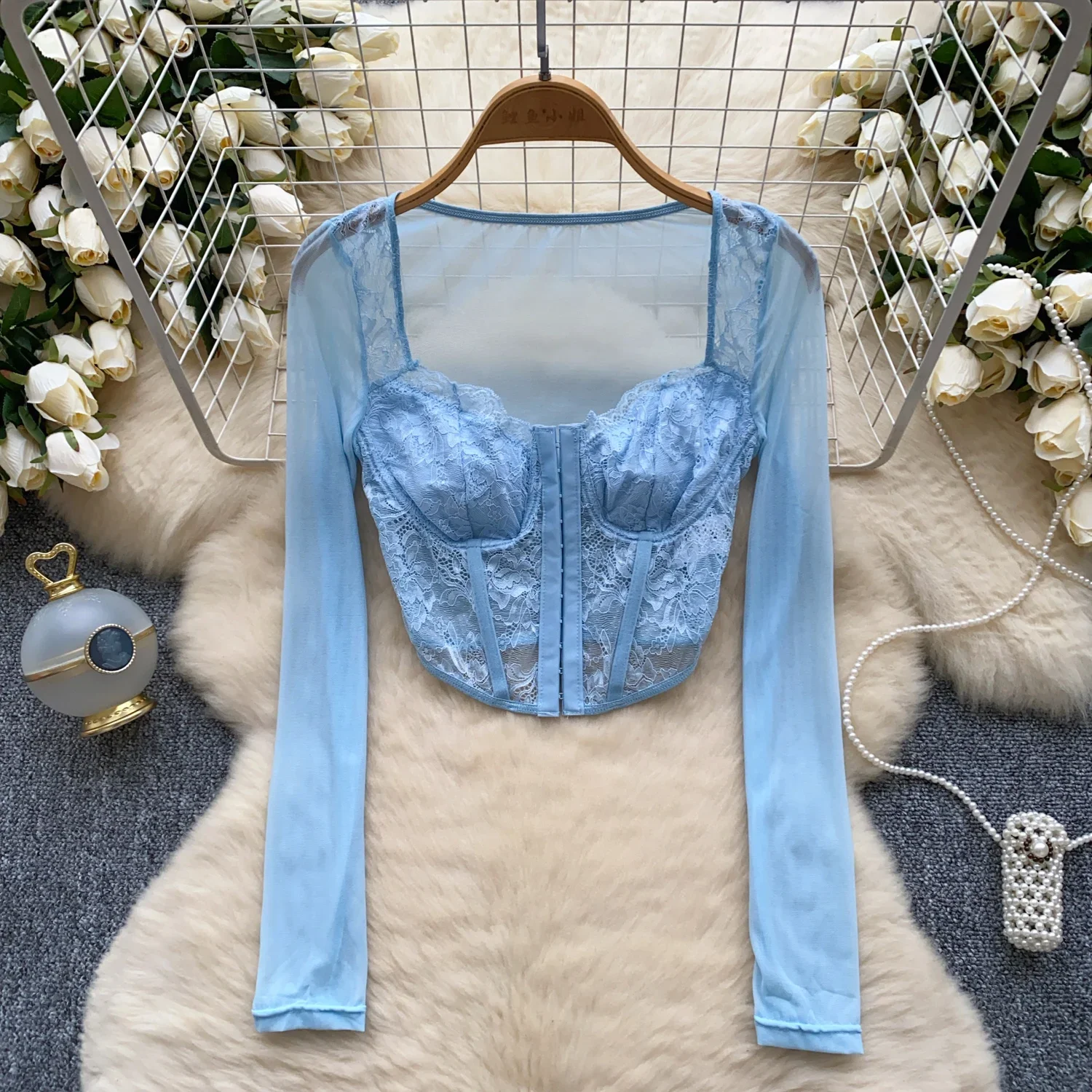 

Женский винтажный Топ с длинным рукавом, элегантная приталенная сетчатая рубашка с квадратным вырезом и вышивкой, уличная одежда во французском стиле на осень