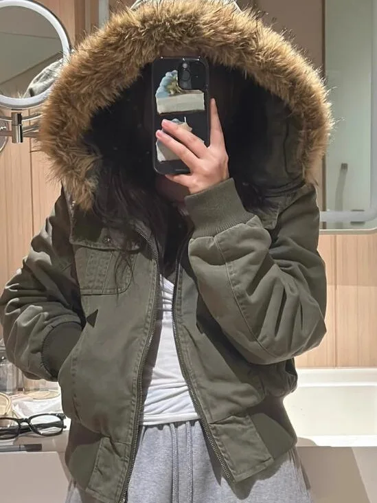 

Укороченная куртка с меховым воротником и капюшоном, женская, цвета хаки, с карманами, хлопковая, с длинными рукавами, в американском винтажном стиле, уличная одежда, теплая куртка