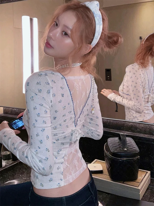 ホワイトレースフローラルロングSve T-irt レディース Vネックベースレイヤーインナーウェア通勤Sle韓国版スリムフィット通気性