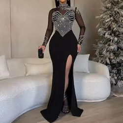 Robe de Soirée en Maille Transparente pour Femme, Tenue de Club de Luxe, Grande Taille, Diamant, Élégante, Printemps 2024