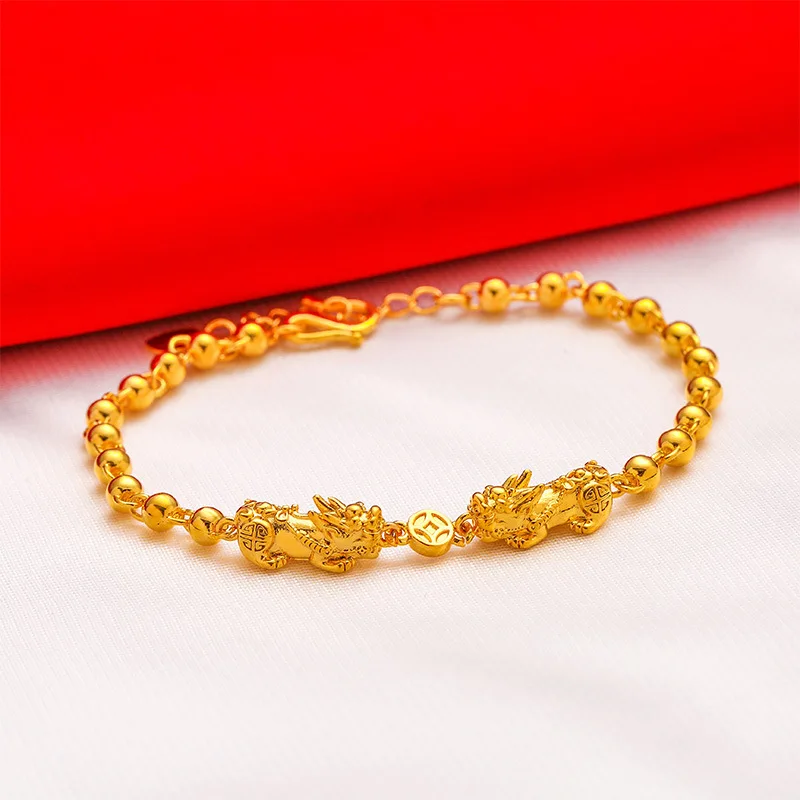 Women's Retro Copper Coin Small Gold Bracelet Vietnam Placer Gold Pure Copper Gilt Pixiu Bracelet One piece dropshipping