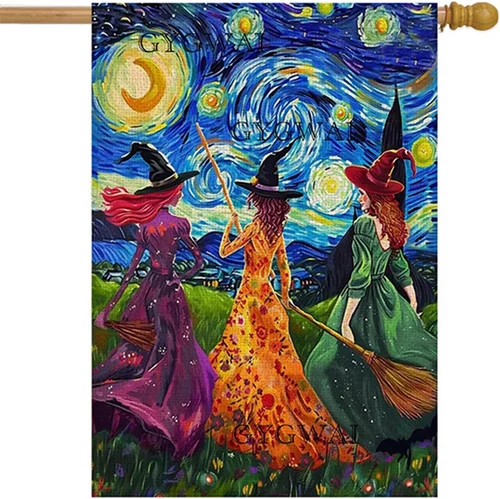 Halloween Garden Flag 28X40 Inch Burlap, Starry Night Witch Yard Flag, Double Si EYY IIX SSL