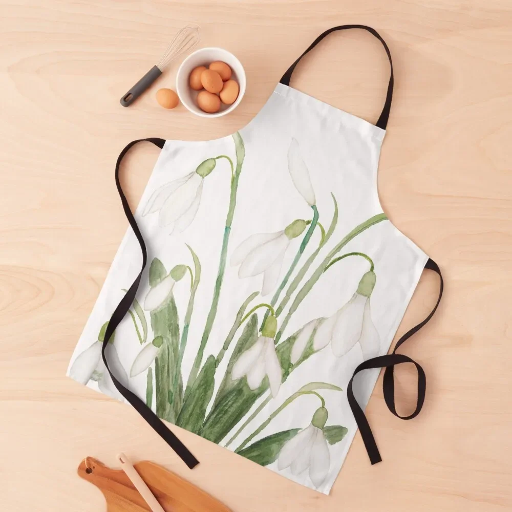 white snowdrop flower botanical watercolor painting Apron House Things For Home And Kitchen Women's Dresses Apron