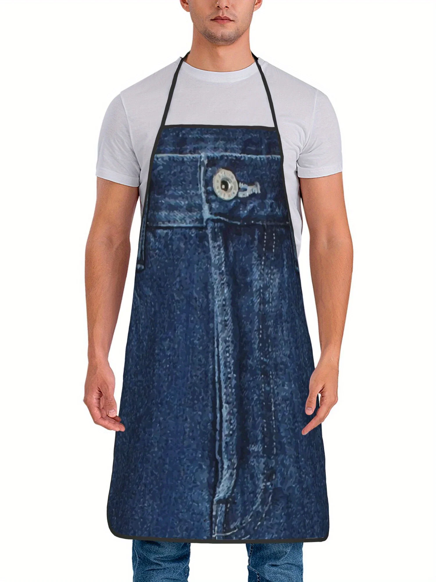 Vintage Dark Jean Fabric Imitation Art Printed Oilproof Apron Men Women Daily Cooking Barbecue Baker Casual Surprise Gift