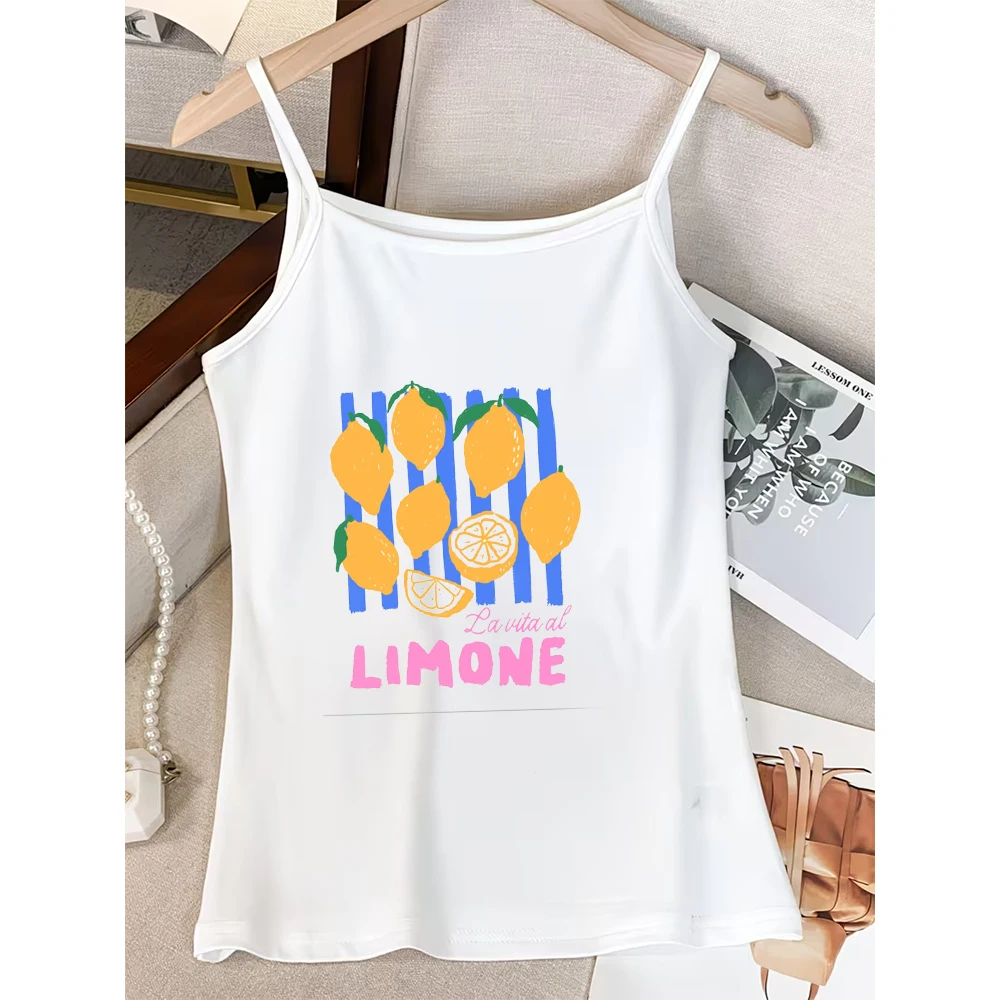 Summer Lemon Graphic Camisole Women Cute Fruit Print Tank Top Fresh Italian La Vita Al Limone Blue Stripe Spaghetti Strap Cami