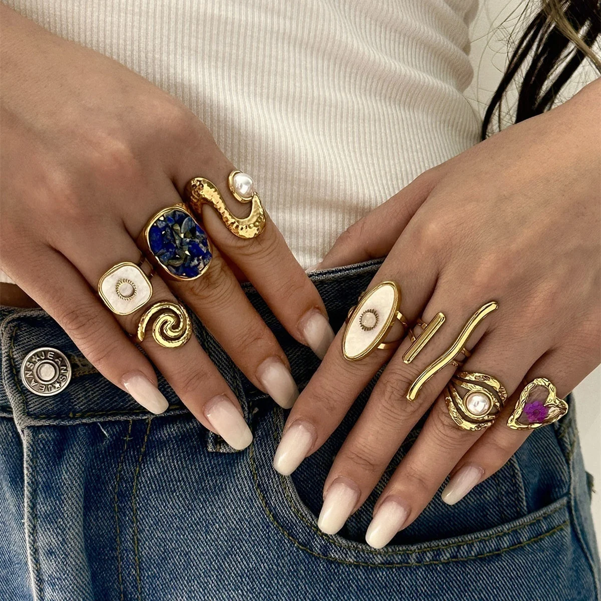 Ästhetische, natürliche Kieselsteine, spiralförmige, imitierte Perlen, strukturierte, gewellte Ringe für Damen und Herren, Edelstahl, geometrischer Ring, Schmuck. – Detail 8