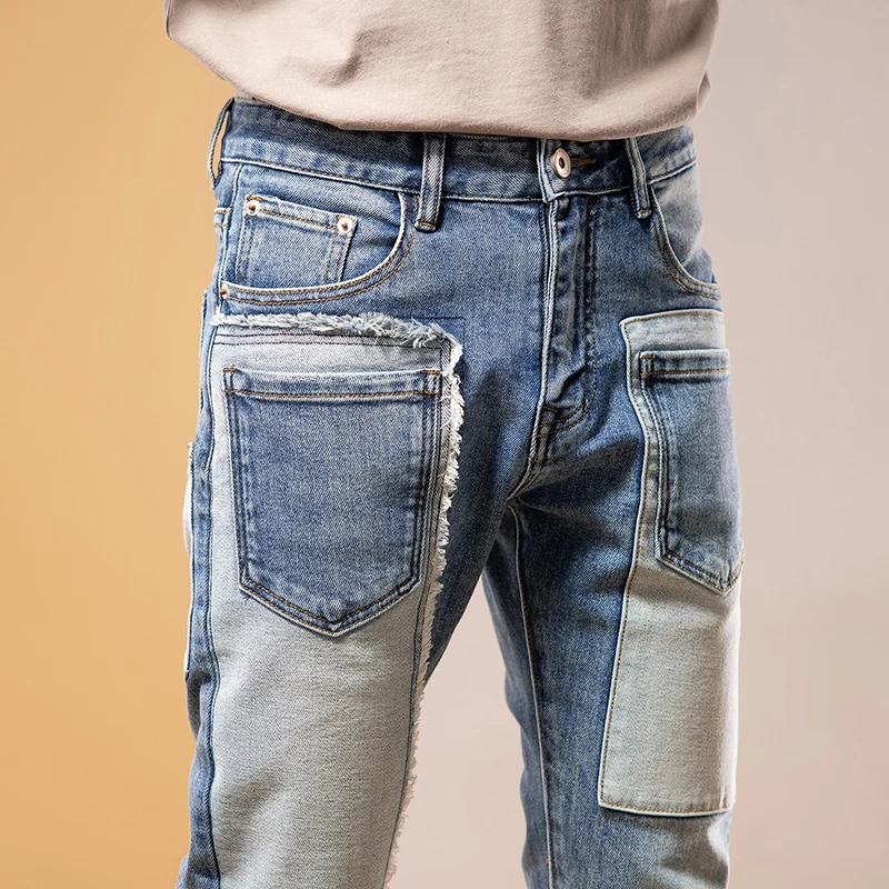 Street Fashion Men Jeans Retro Blue Elastic Stretch Skinny Fit Patched Ripped Jeans Men Spliced Designer Hip Hop Pants Hombre