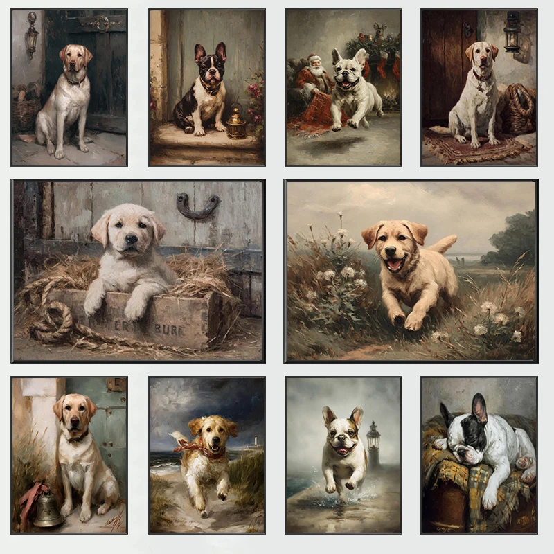 (2D Canvas Painting)  Retro Pastoral Style Labrador French Bulldog Cute Animal Posters Prints Canvas Painting Wall Art Pictur