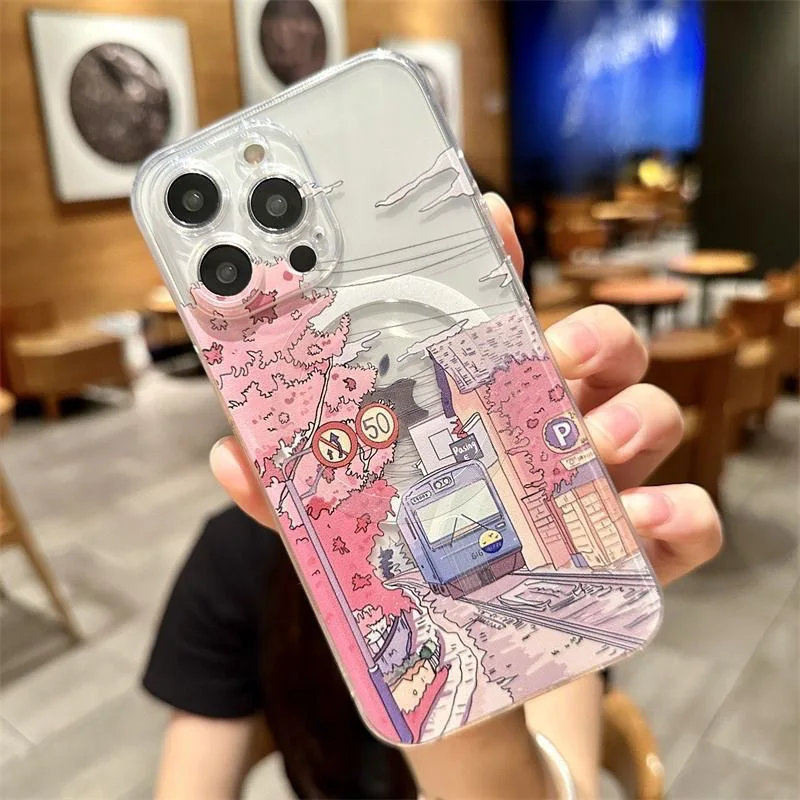 Hot Anime Blue Sea Pink Trees Train Scenery Magsafe Magnetic Phone For Samsung Galaxy S24 S23 S22 S21 S20 FE Plus Ultra 5G Cover
