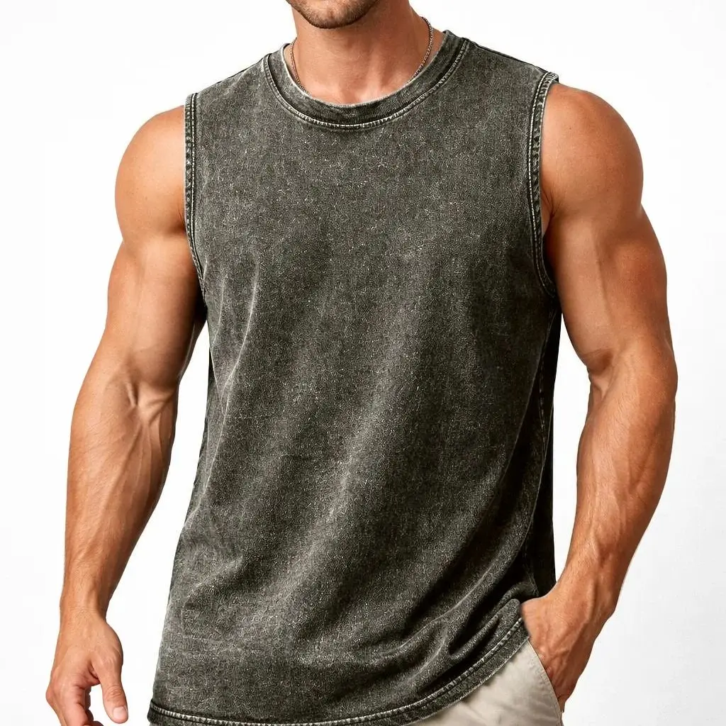 2026 Summer Men's Washed Cotton Tank Tops Muscle Gym Sleeveless Workout T Shirts Running Beach Loose Cutoff Tees_voghion.com