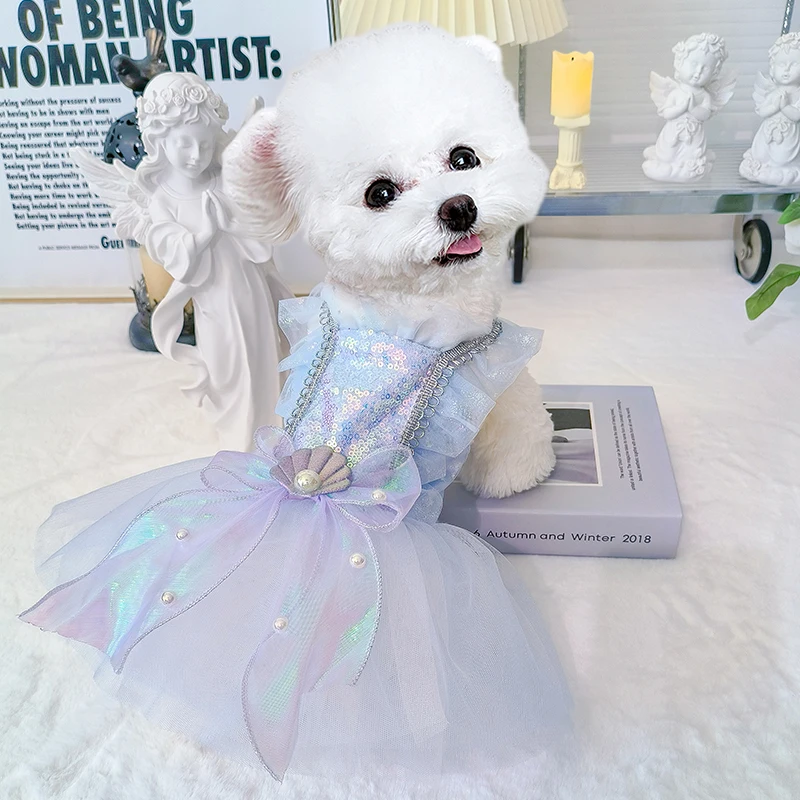 

Pet Dog Clothes Summer Fashion Light Blue Sequin Lace Bow Princess Dress For Small Medium Dog Poodle Puppy Dog Clothing Skirts