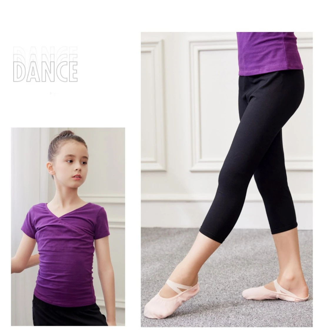 A33    Dance Dress Girls Summer Short sleeve Girls Practice dress girls Summer dark purple set