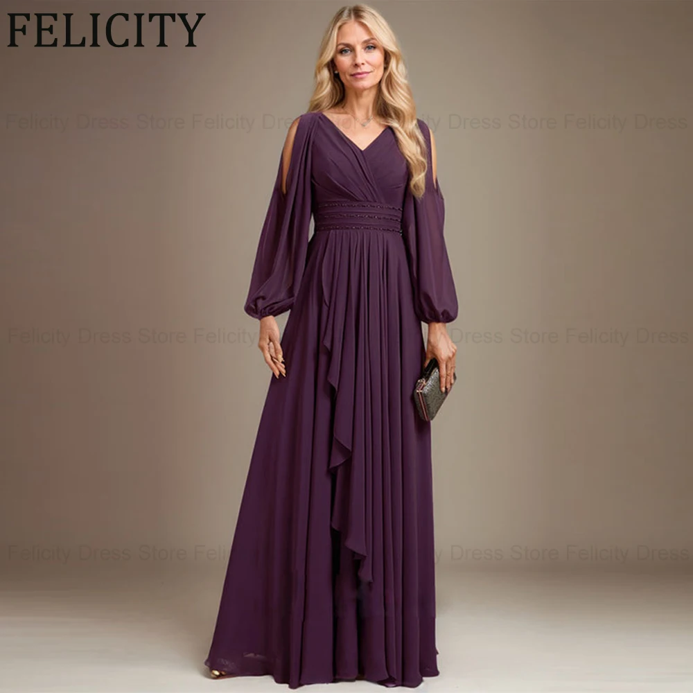 

FELICITY Customized Elegant Mother of the Bride Dress 2025 Chiffon A-line V-Neck Long Wedding Guest Party Gowns Ruffles Beading