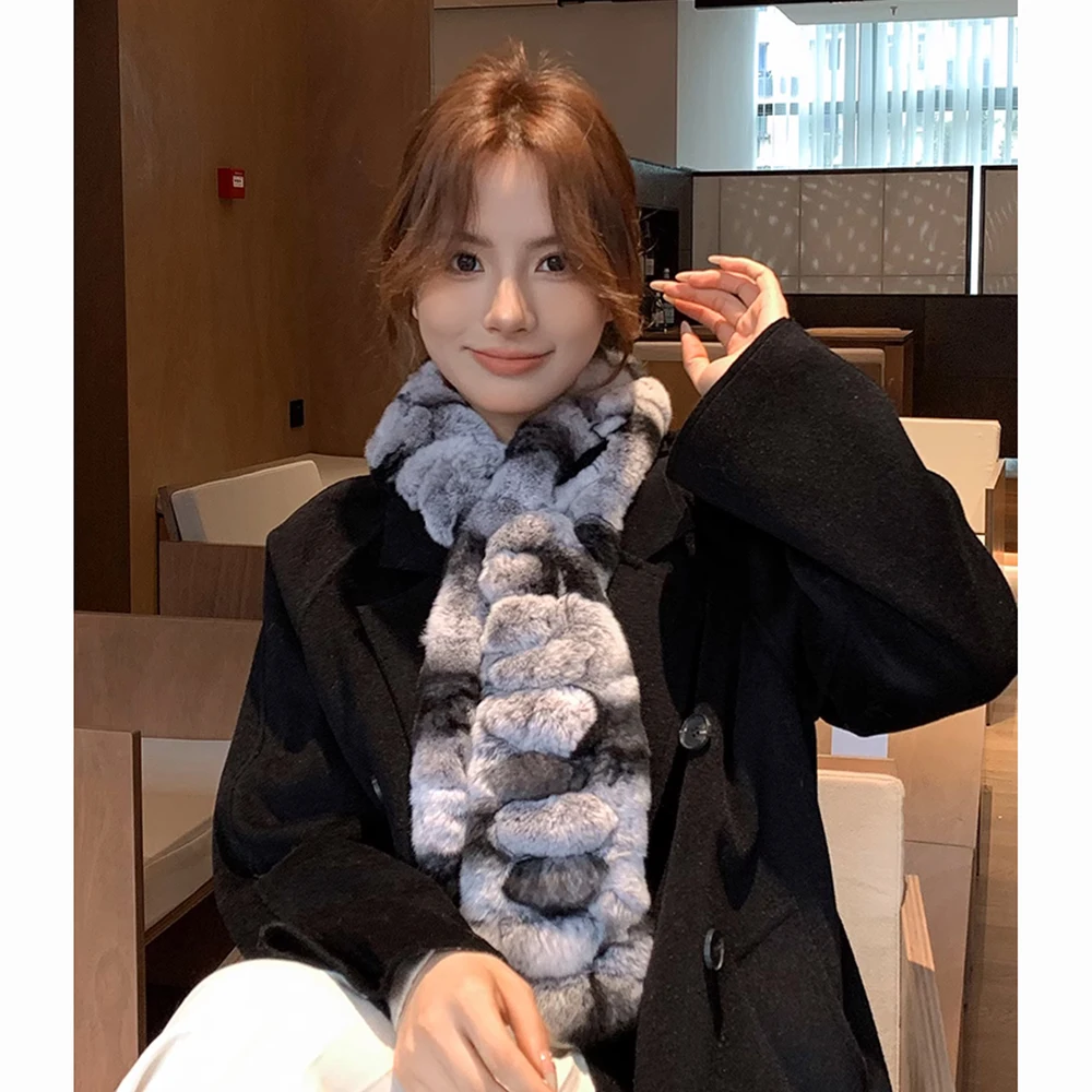 Autumn Lady Genuine Rex Rabbit Fur Scarves Wraps Winter Warm Women Natural Rex Rabbit Fur Accessory Rings Females Neckerchief