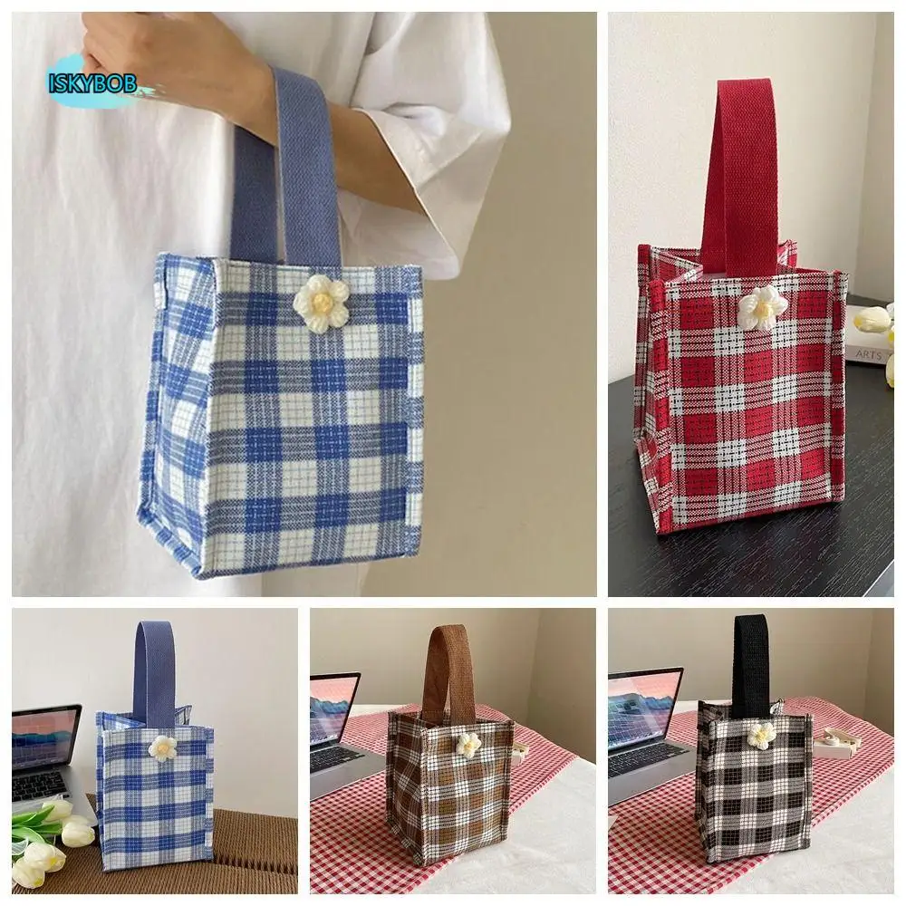 

Simple Handle Bag Lattice Tote Bag Flower Storage Bag Canvas Small Bag Korean Purse Lunch Bag Girls