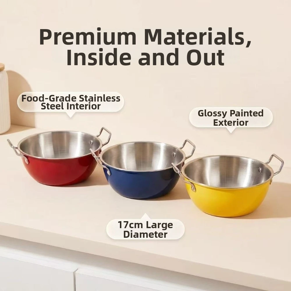 New Stainless Steel Ramen Bowl Thickened Double Ear Handles Soup Bowl Colorful Heat-Insulating Mixing Bowl Home Kitchen