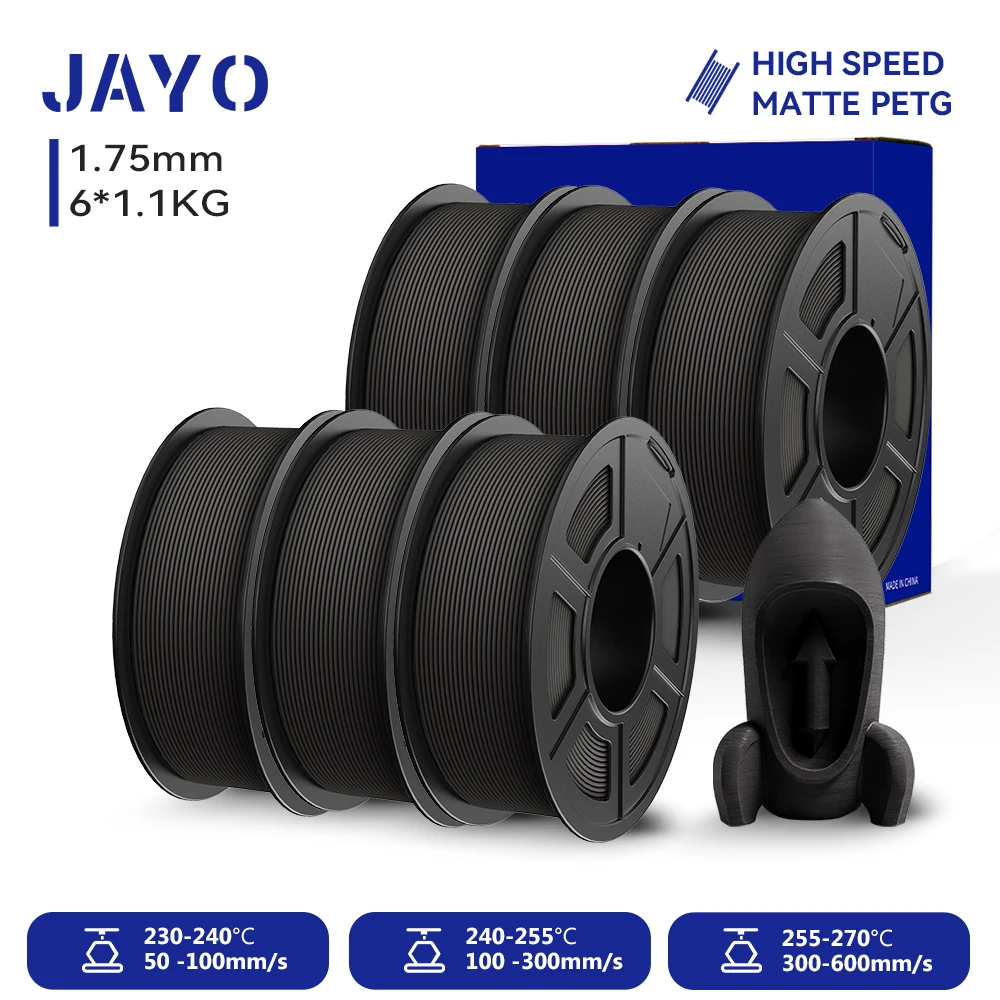 JAYO PETG 3D-Filament 1,75MM Hochgeschwindigkeits-Mattes PETG 3D-Drucker-Filament 6 Rollen High-Flow Speedy Matte Effekt 3D-Druckmaterialien