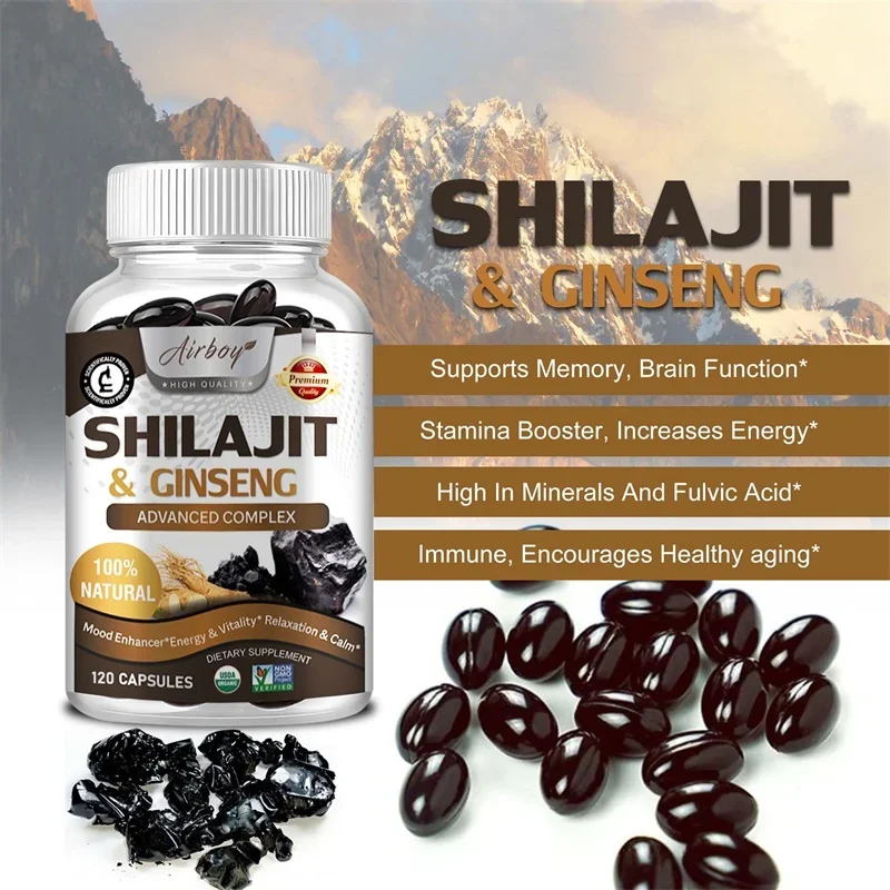 كبسولات Shilajit & Ginseng - توفر الطاقة والتحمل، وتعزز الدماغ والذاكرة ودعم المناعة