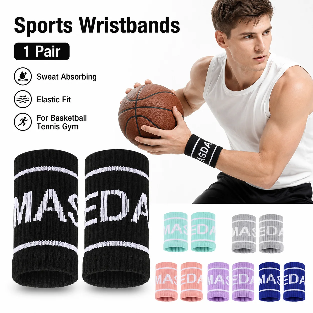 2Pcs Sports Wristbands Sweat Absorbing Elastic Wrist Support for Basketball Football Gym Training Unisex Nylon Spandex Workout