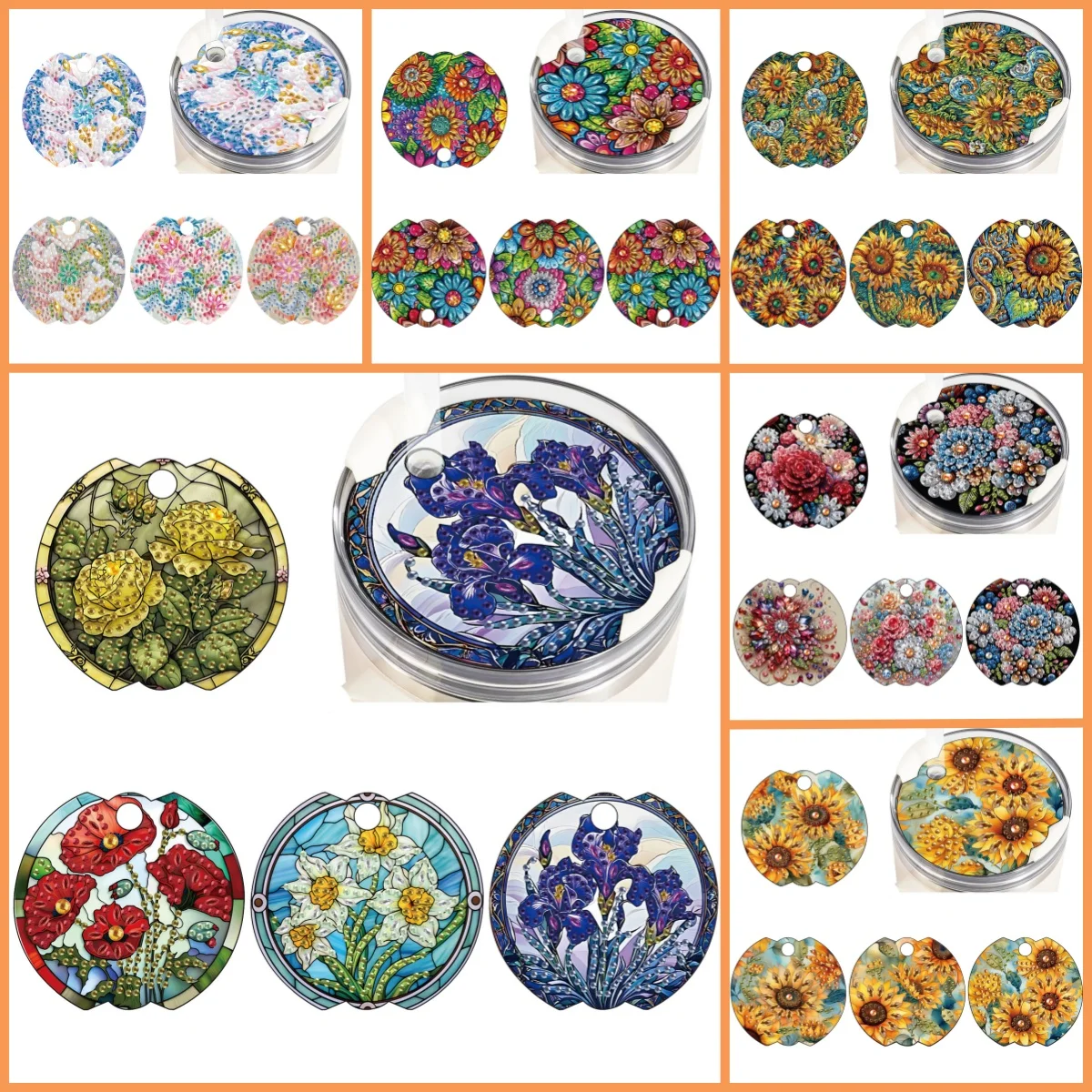 

4 DIY diamond painting sets of flower-themed acrylic cup LIDS, suitable for decorating thermos cups, tea cups and beverage cups