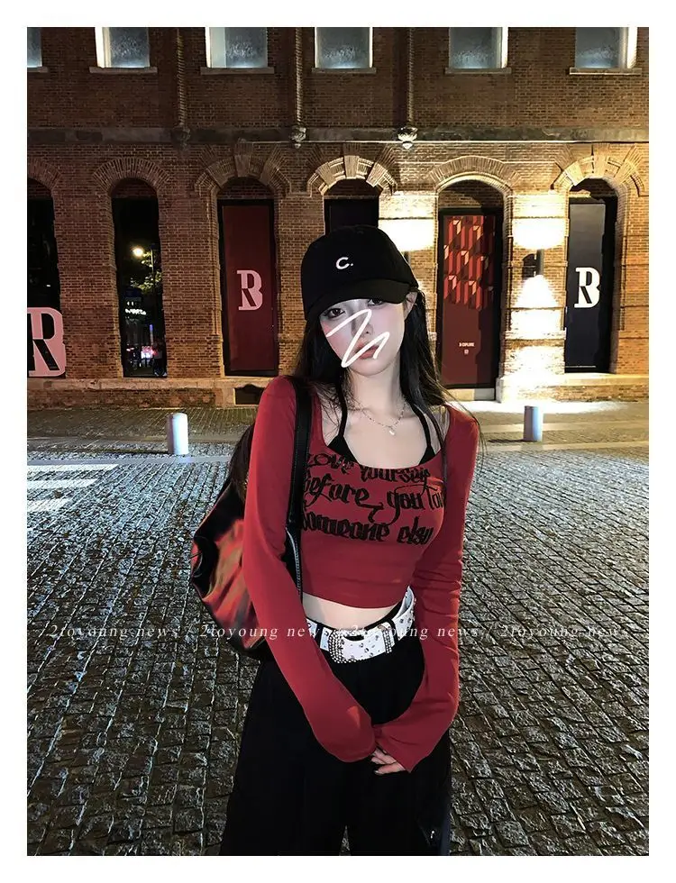 Suit Letter Print Square Collar Crop Tshirts Backless Sexy Sling Overlapping Outfits 2024 Women Clothing  Chic Y2k Two Piece Set