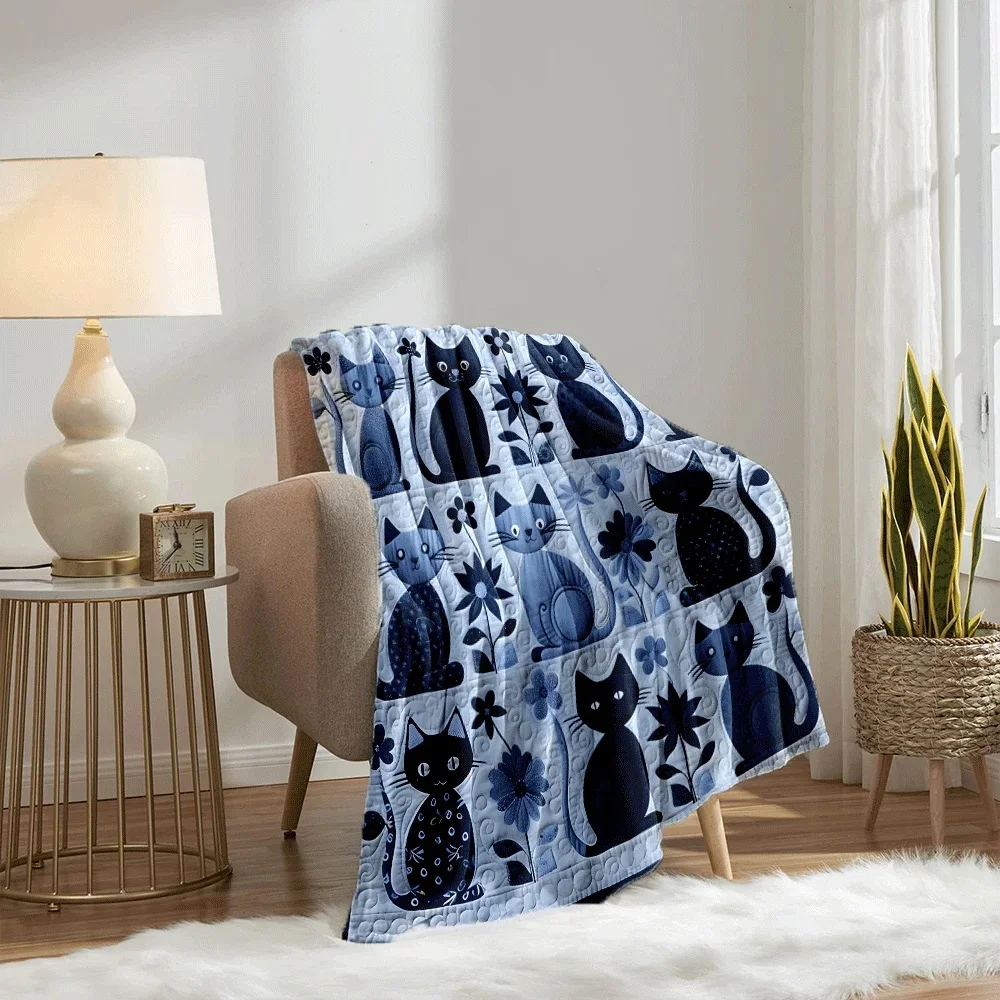 VIKAMA Cute Blue Cat Floral Patchwork Flannel Blanket Suitable For Camping Travel Sofa Bed Use Comfortable Warm Decoration