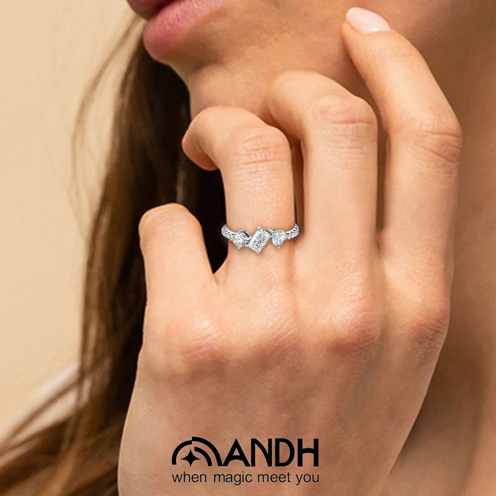 ANDH ثلاثة حجر مويسانيتي خاتم للنساء 925 فضة تألق الماس خاتم الخطوبة أنيقة حفلة غرامة مجوهرات هدية #3