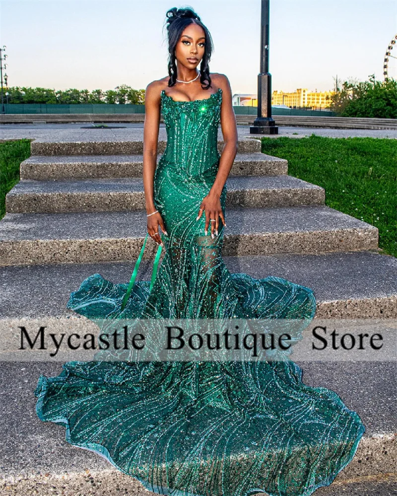 Green Lace Beaded Long Mermaid Prom Dress For Black Girl 2024 New Arrivals Evening Dresses Wedding Party Gown Lace up