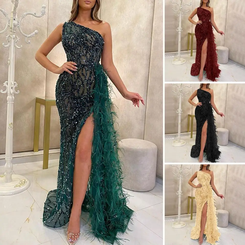 

Slim Fit Maxi Dress Elegant One Shoulder Sequin Maxi Dress with Feather Decor for Prom Party Banquet Women's Evening Gown