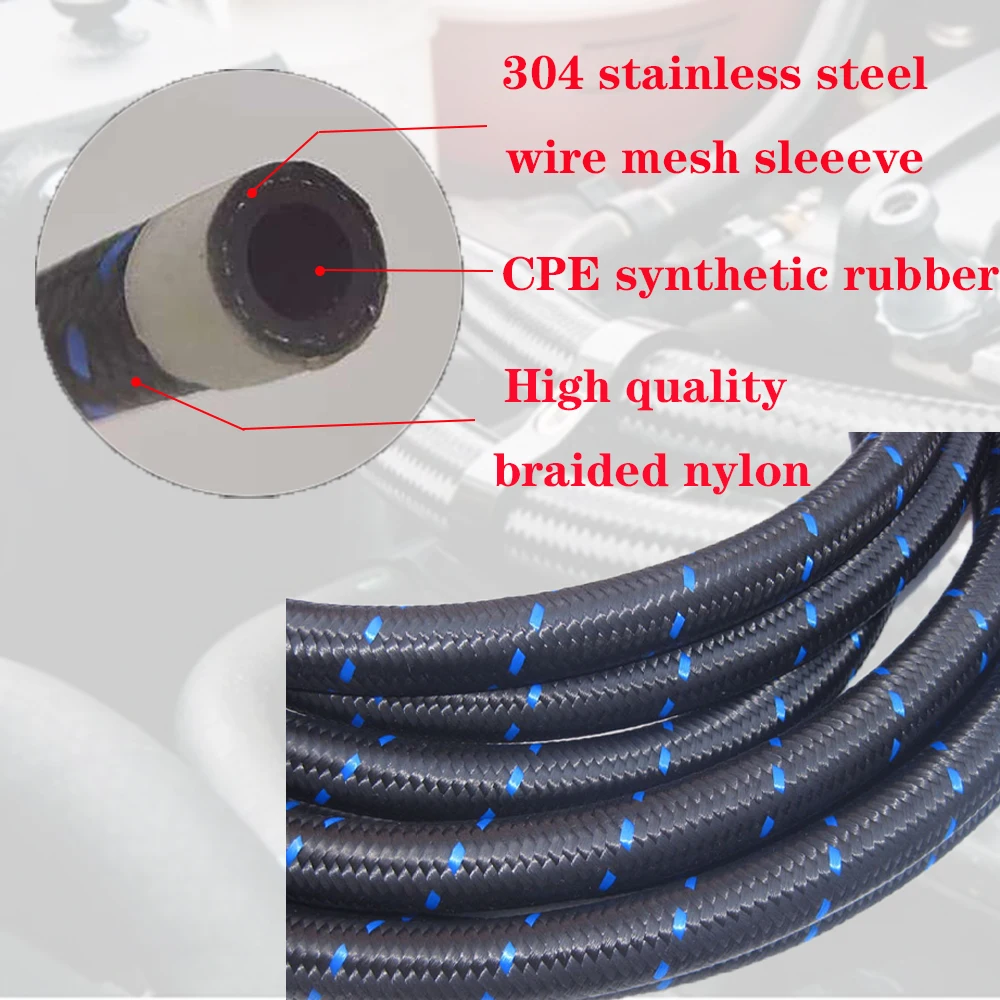 Black Blue Universal Fuel Hose Oil Gas Cooler Hose Line Pipe Tube Nylon Stainless Steel Braided Inside CPE Rubber AN4 ~ AN20