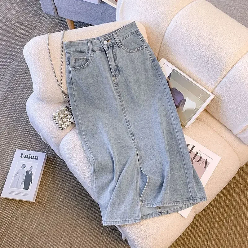 High-waisted Side Slit Denim Skirt Women's Korean Style New Spring Summer Petite A- line Hip-hugging Long Skirt Vintage