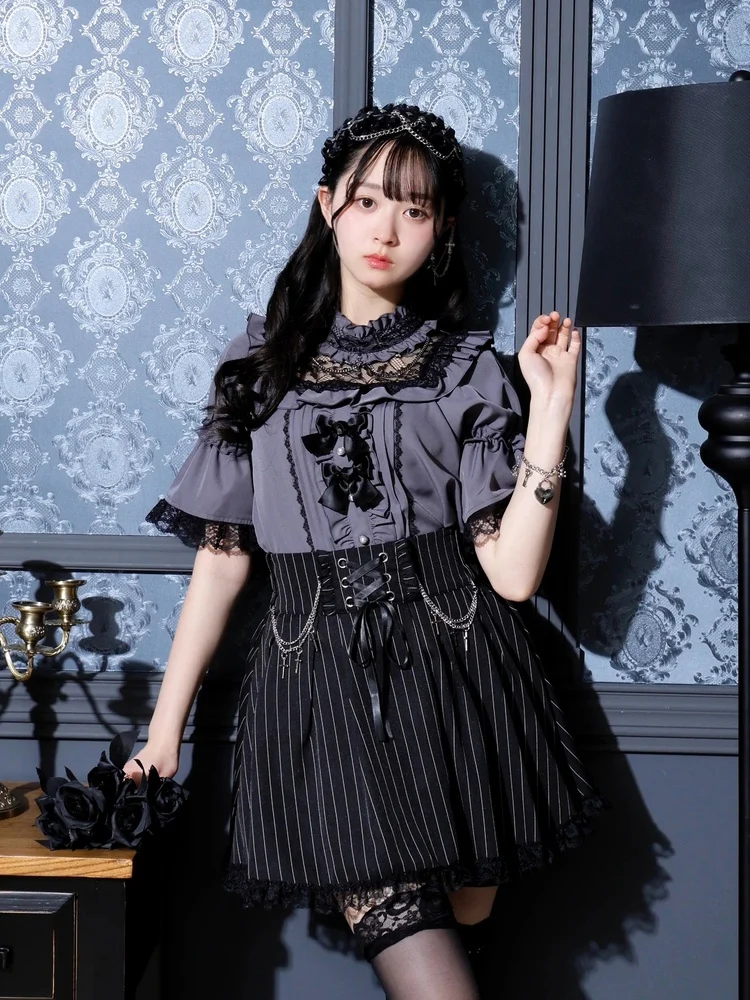 日本の鉱山スタイル量産ダークゴスブラウスレーススプライシング半袖リボンシングルブレスト甘い多用途シャツトップ女性