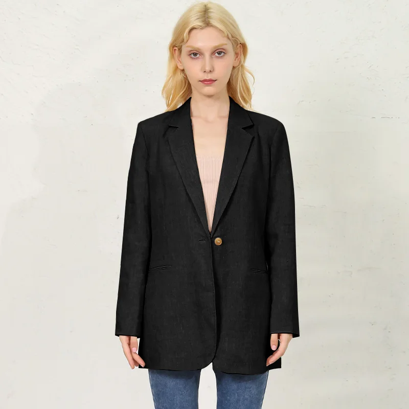 Casual 100% Linen Blazer Woman Vintage Notched Collar Long Sleeve Elegant Womens Jacket Autumn Coats Outerwear Casacos