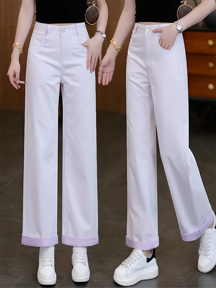 

Женские летние джинсы Slim Fit с широкими штанинами, тонкие, с высокой талией, свободные, стройнящие, повседневные, прямые брюки в корейском стиле для офиса и города