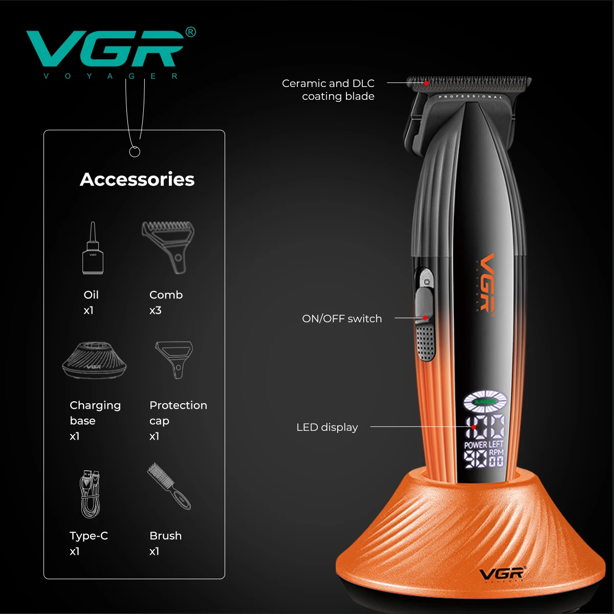 VGR الشعر المتقلب للرجل قابلة للشحن آلة الشعر قطع كليبرز الحلاق المهنية 9000 دورة في الدقيقة قادين الشعر آلة V-889T