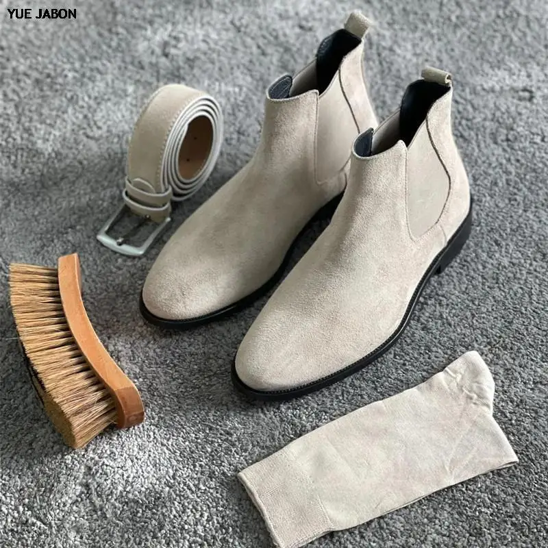 Beige Red Black Men Chelsea Boots Flock Round Toe Slip-On Business Shoes Handmade Men Boots Autumn Winter Botas De Hombre