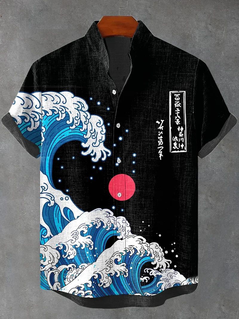 New trendy and cool short sleeved shirt for men with black background and Kanagawa wave print casual top
