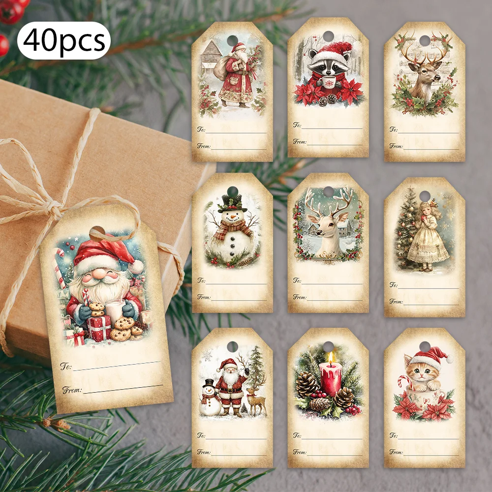 40 ชิ้น, ป้ายคริสต์มาส, ป้ายของขวัญ, ของตกแต่งงานปาร์ตี้, DIY, ของประดับตกแต่งบรรจุภัณฑ์, การ์ดอวยพร, การ์ดงานปาร์ตี้, เชือกป่าน