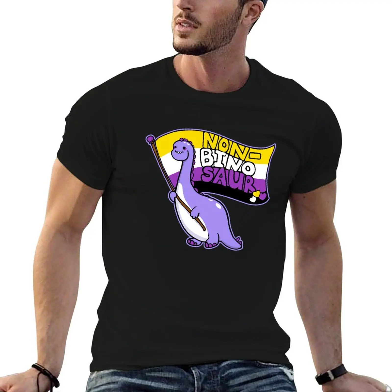 غير بينو saur لطيف ديناصور مع غير ثنائي فخر العلم تي شيرت رجل تي شيرت الصيف القطن تي شيرت رجل 100% تي شيرت