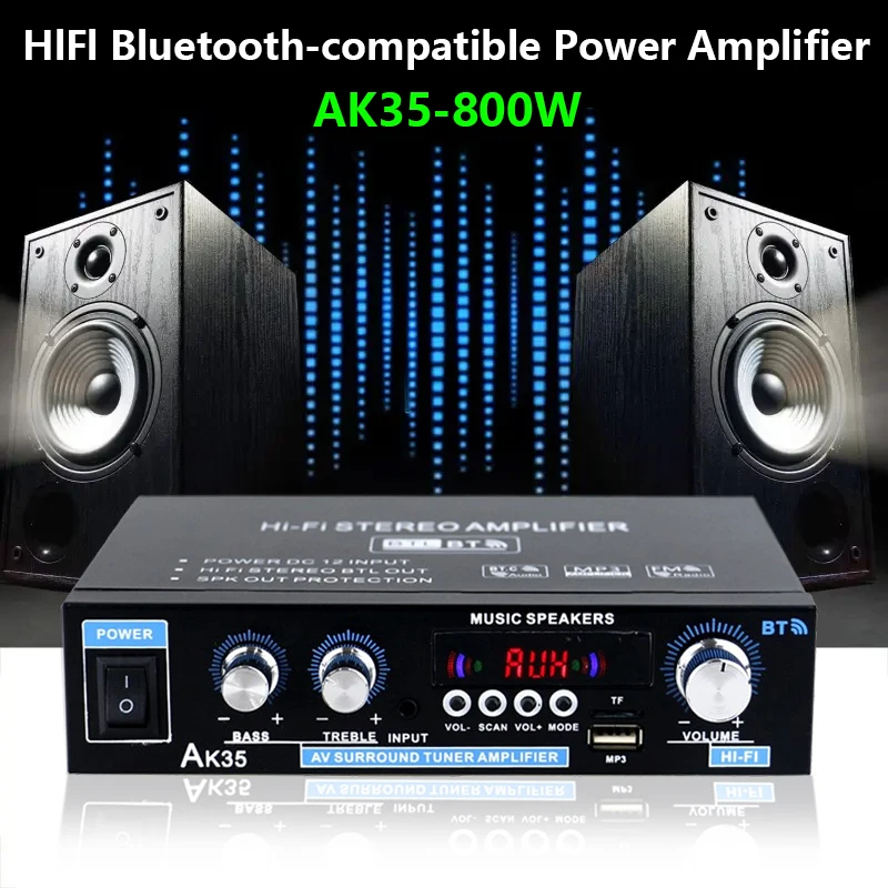 

AK35 800W Home Power Amplifier 2 Channel Bluetooth 5.0 Surround Sound FM USB Remote Control Mini HIFI Digital Stereo Amplifier s