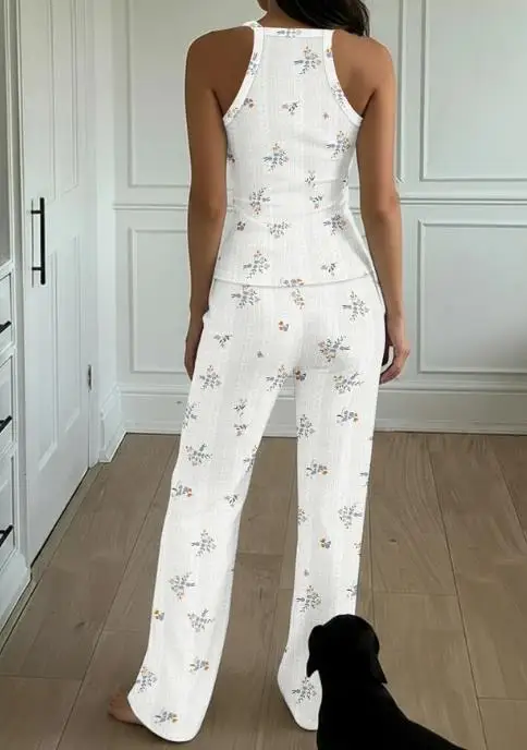 2 Pieces Outfit Women U-Neck Sleeveless Cami Top & Wide Leg Pants Set Casual Ditsy Floral Print Jacquard Textured Pajamas Set