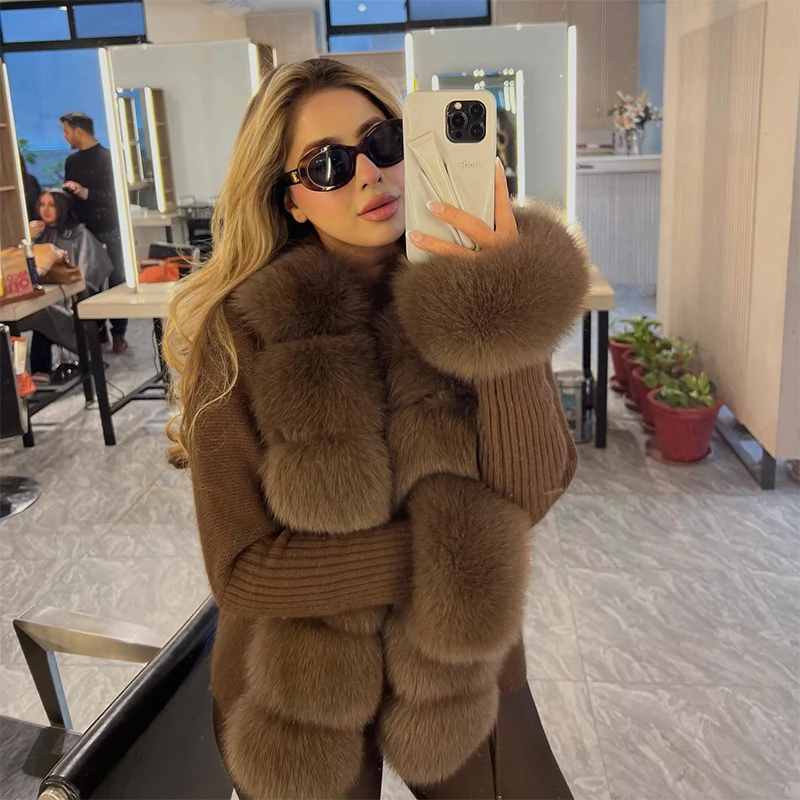 Elegant Faux Fur Patchwork Sweater Coat Women Lapel Furry Collar Slim Fit Knitted Lace-Up Cardigan 2025 New Autumn Lady Coats