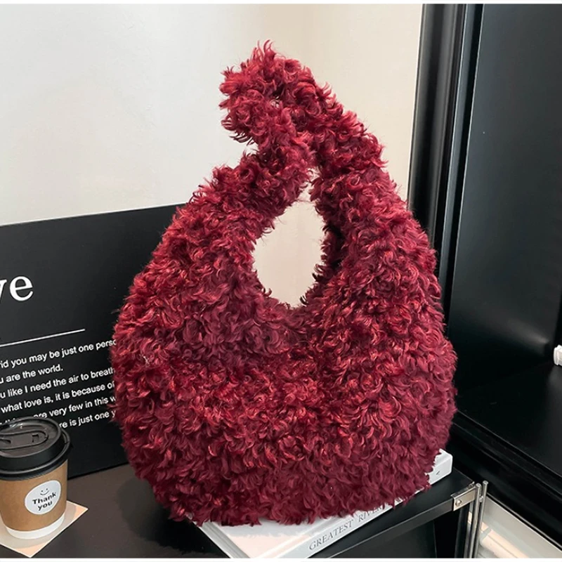Flauschige, lockige Kunstfell-Hobo-Schultertasche, Plüsch-Halbmond-Unterarmtasche, weiche Teddy-Fuzzy-Halbmond-Handtasche, warme Winter-Handtasche für Damen – Detail 8