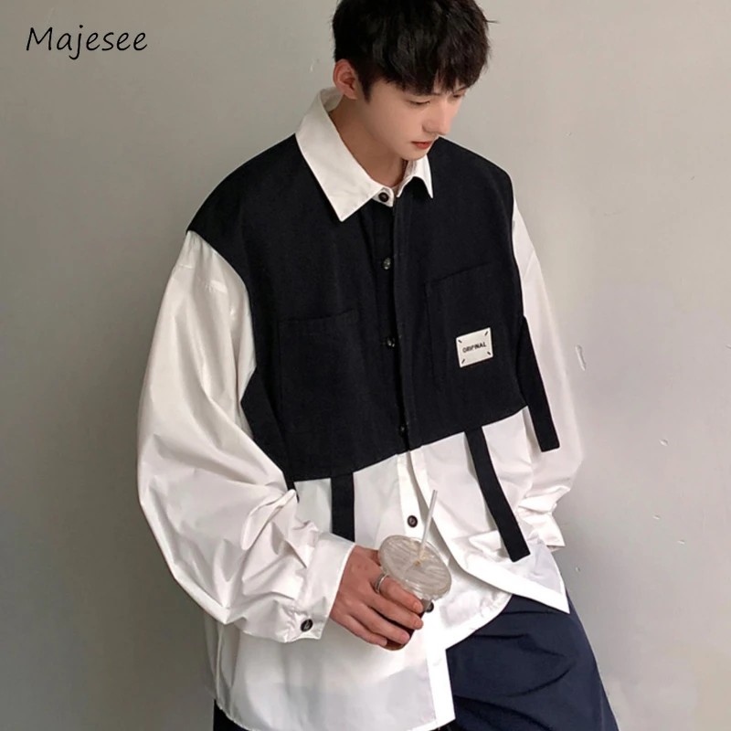 

Jackets Men Trendy Daily Casual Spring Autumn All-match Patchwork Streetwear Japanese Style Fake Two Pieces Outerwear Ribbons