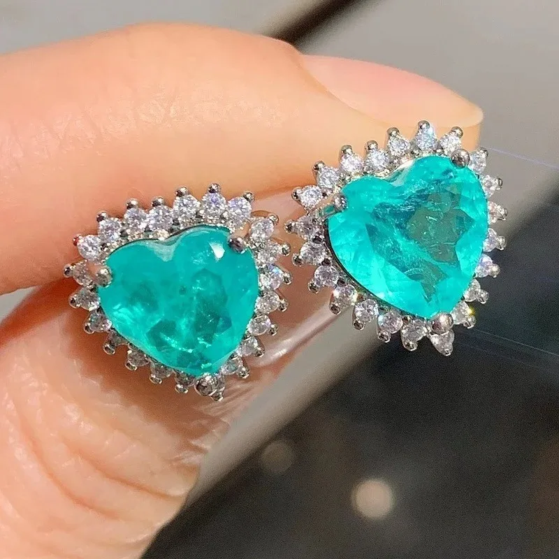 Huajie Women's Delicate Lake Blue Color Heart Shape Brilliant Zircon Earrings Shining Wedding Bride Ear Jewelry Accessories