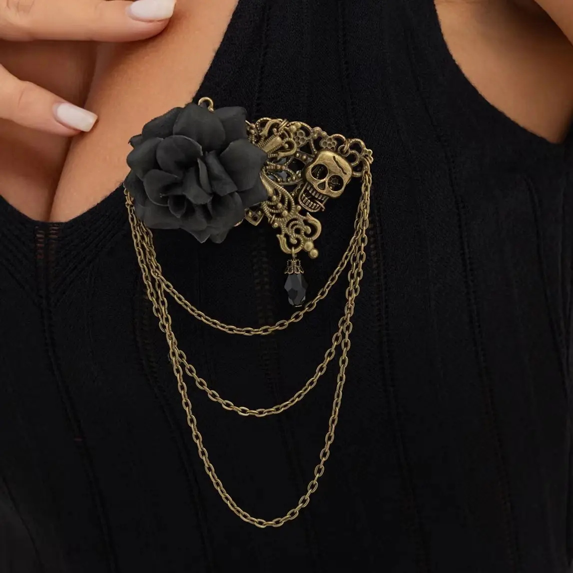 IngeSight.Z New Gothic Black/Red Rose Flower Brooches for Women Creative Punk Cross Skull Pendant Chain Pin Halloween Accessory