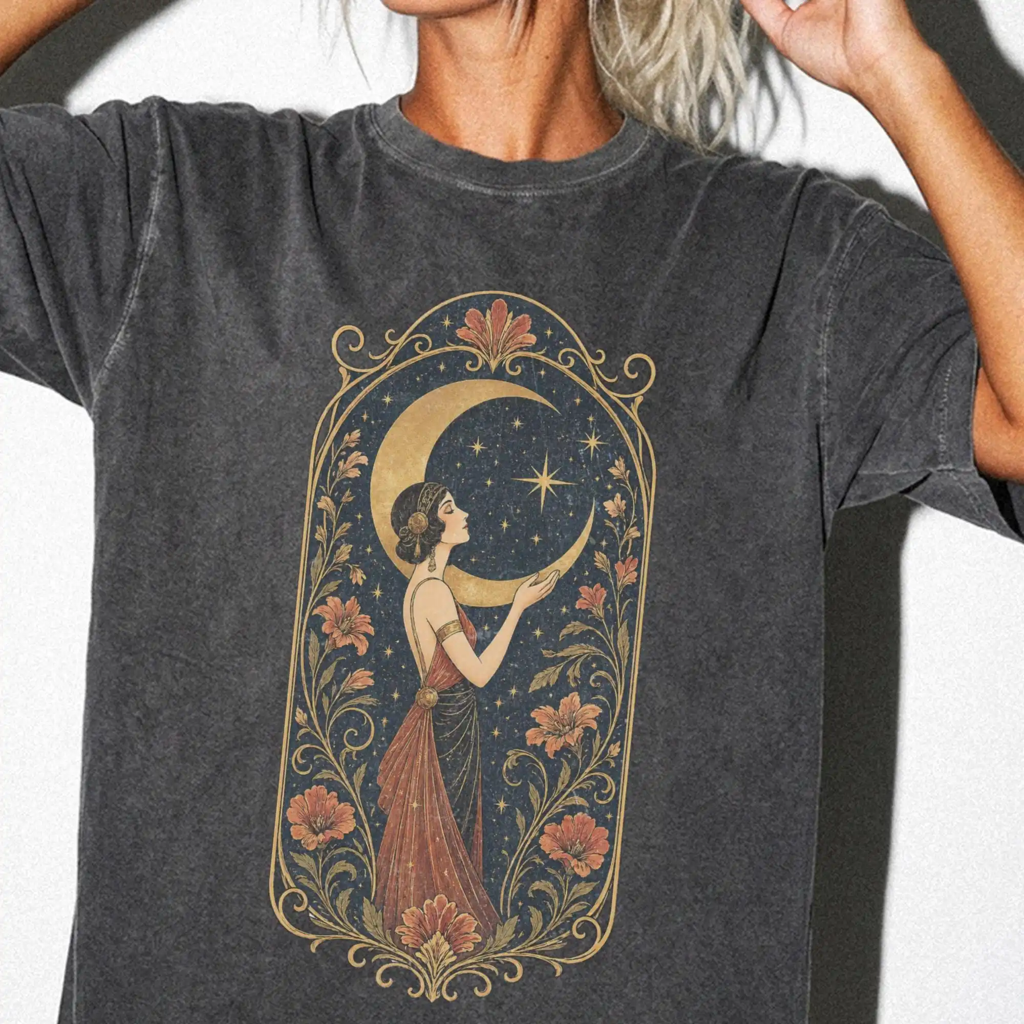 Art Nouveau Moon Goddess T-shirt | Celestial Woman Illustration